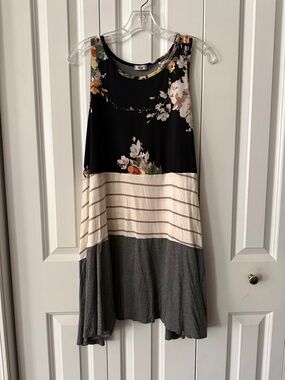 Floral & Stripe Sleeveless Mini Dress in Black, Cream, and Gray
